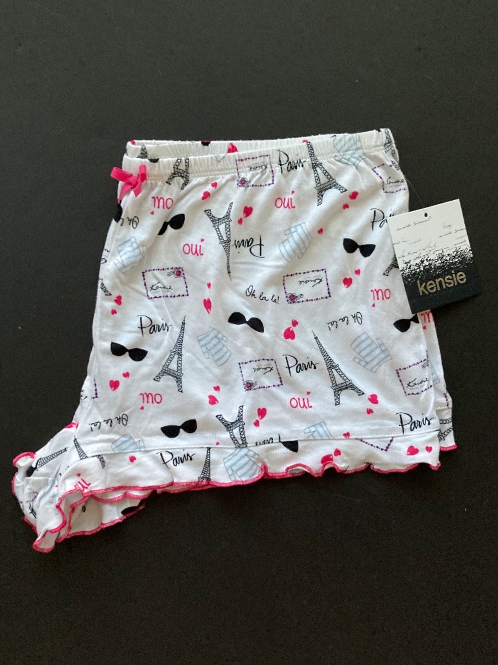 Kensie Paris-Themed Sleep Shorts/Eiffel Tower & More/Ruffled Edges & Bow/L/NWT!
